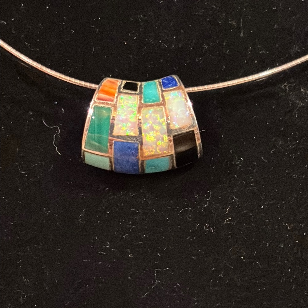 Sterling Silver Stone inlay Slide Pendant on 925 wire choker Necklace.